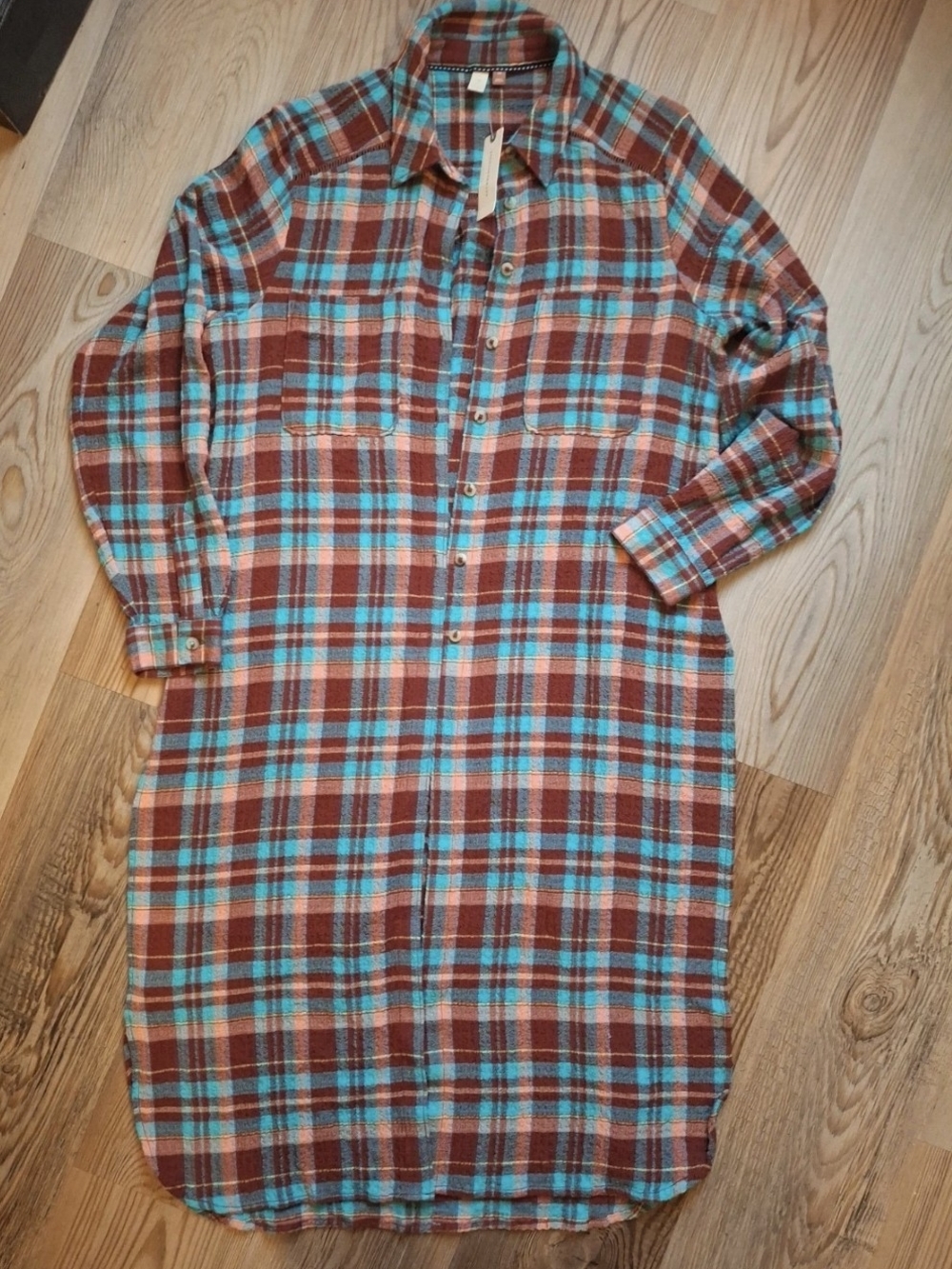 Pilcro Brown and Teal Plaid Button-Down Longline Shirt